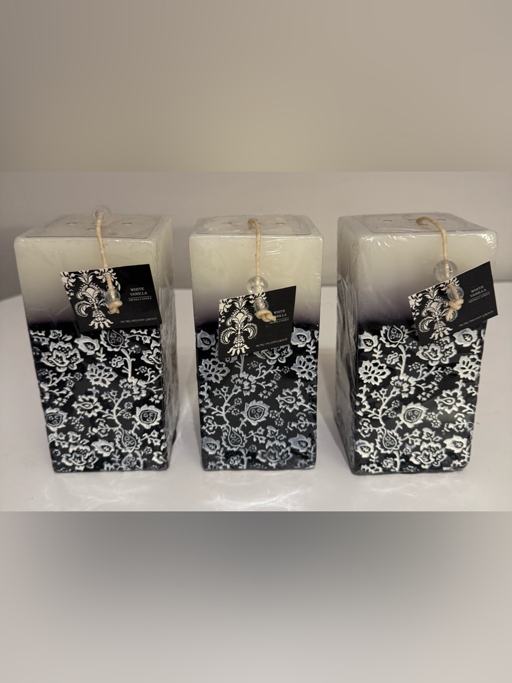 Set of 3 White Vanilla Decorative Black & White Scented Pillar Candles NWT